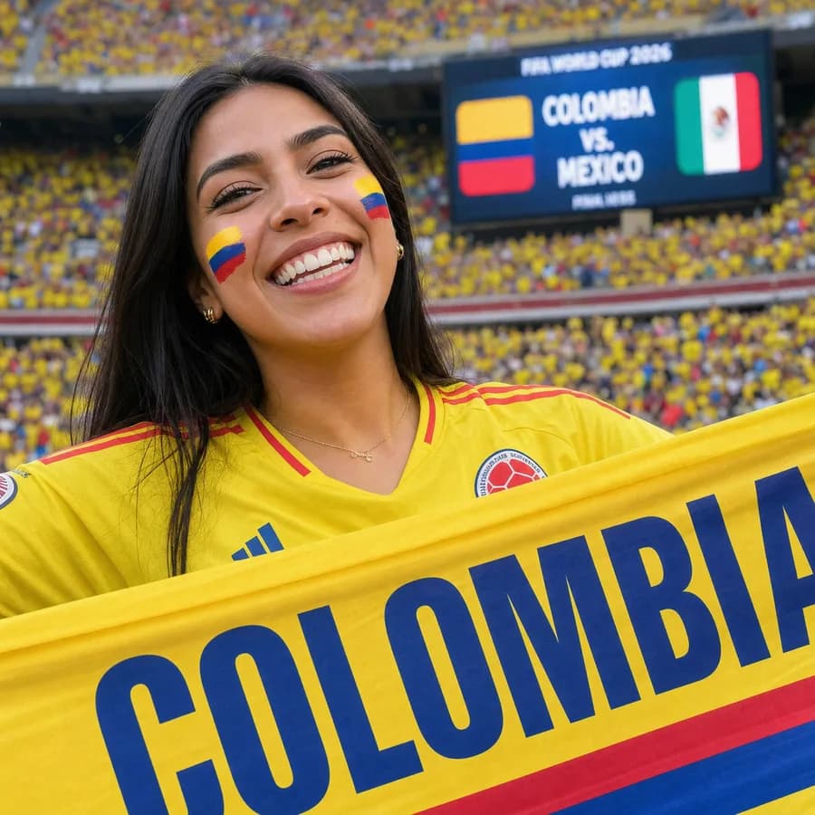 Hincha colombiana con bandera celebrando el Mundial 2026 y blanqueamiento dental Dental Care Norte Cali
