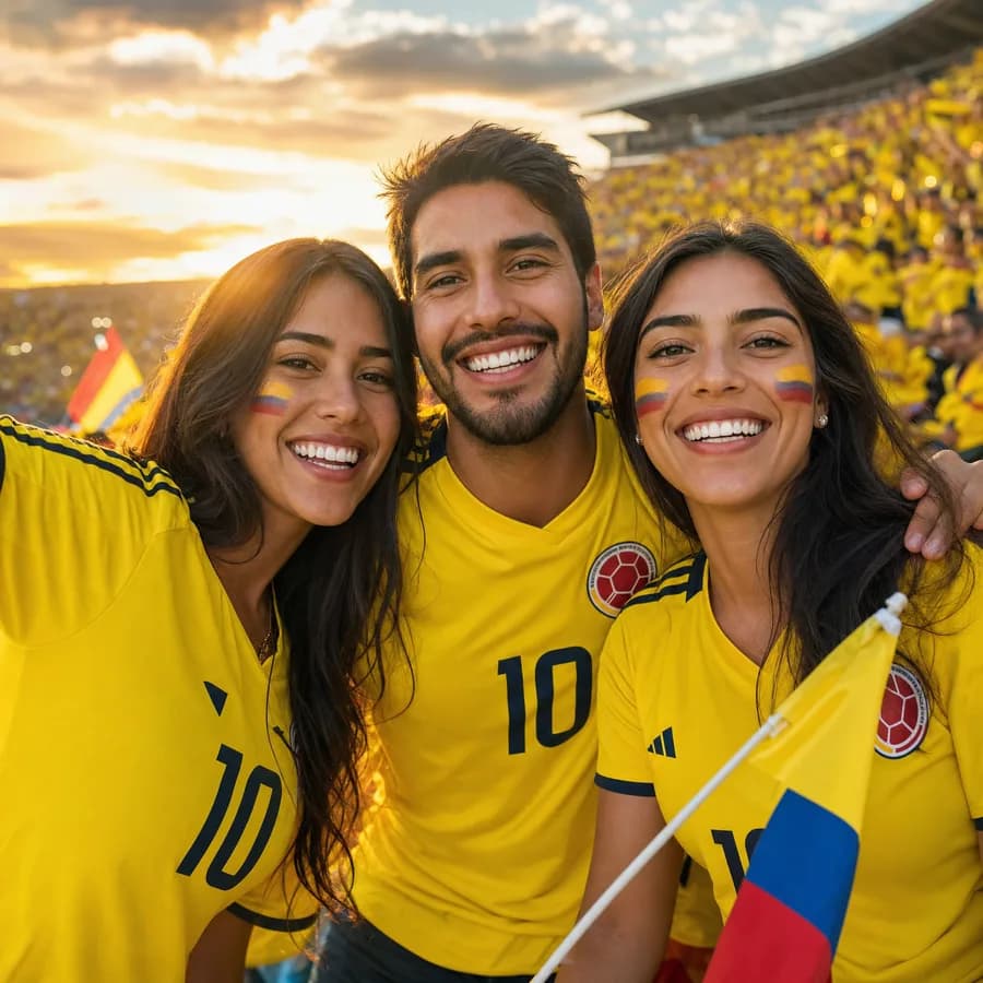 Grupo de hinchas colombianos felices celebrando el Mundial 2026 Cali