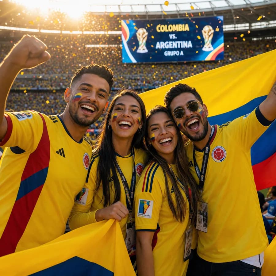 Grupo de aficionados colombianos con sonrisas brillantes durante el Mundial 2026