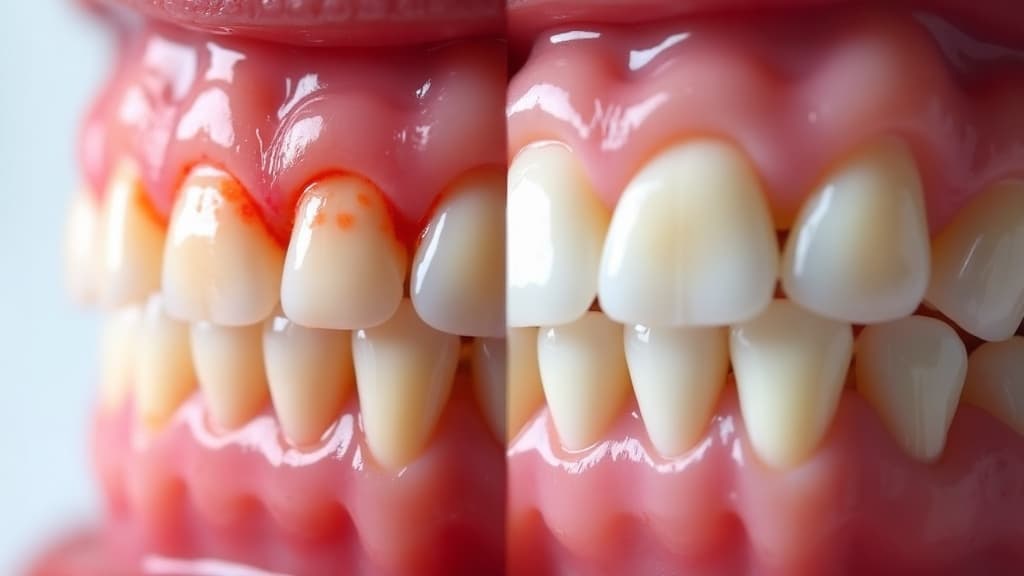 Antes y después de tratamiento periodontal — encías saludables Cali