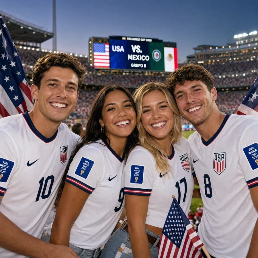 Group of American fans with bright smiles during FIFA World Cup 2026