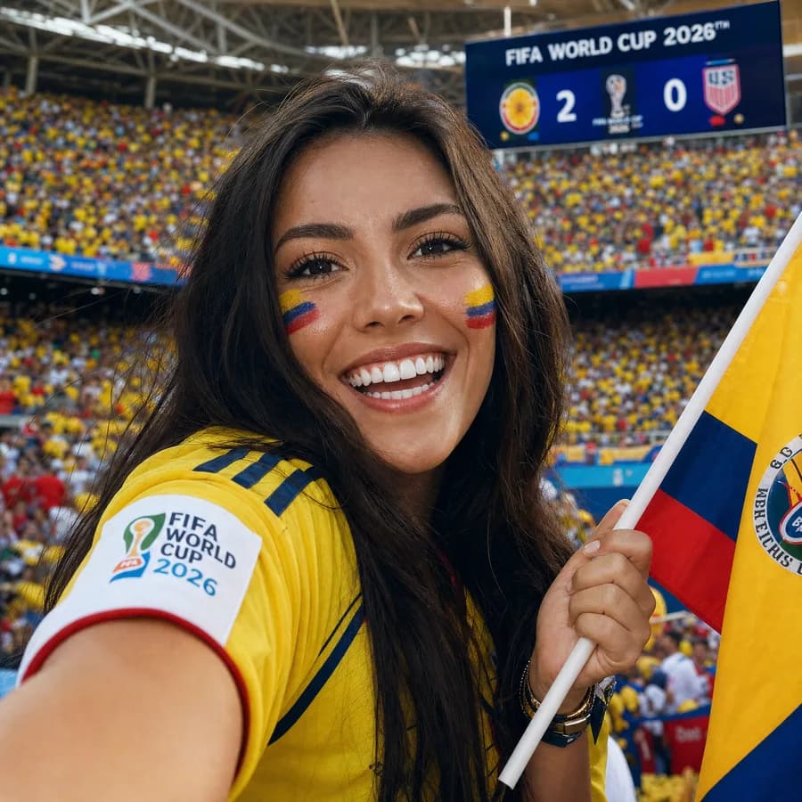 Fanática de Colombia en estadio durante el Mundial FIFA 2026 sonrisa perfecta