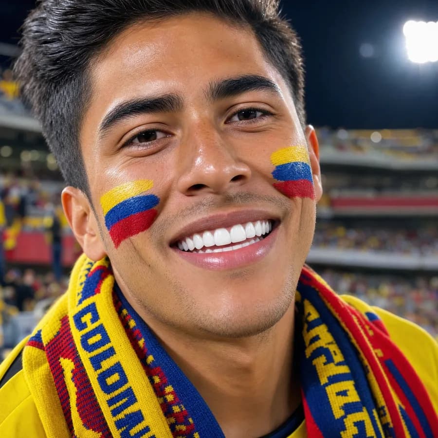 Hombre colombiano con dientes blancos tratamiento dental antes del Mundial FIFA 2026