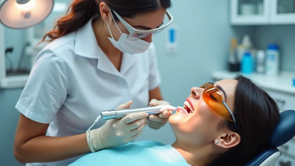 Professional ultrasonic dental cleaning — hygienist Cali