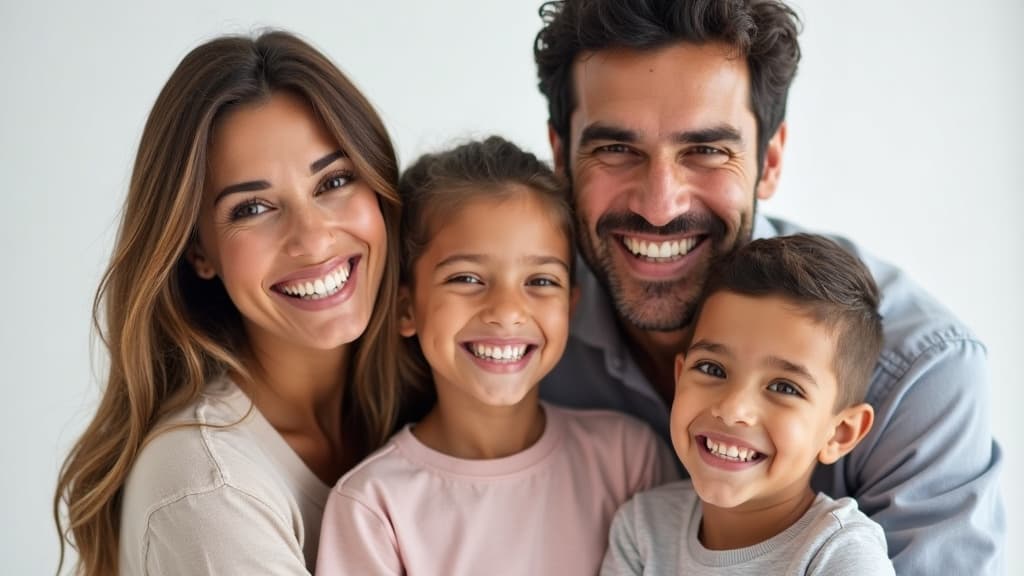 Happy family with healthy teeth — dental prevention Cali Colombia