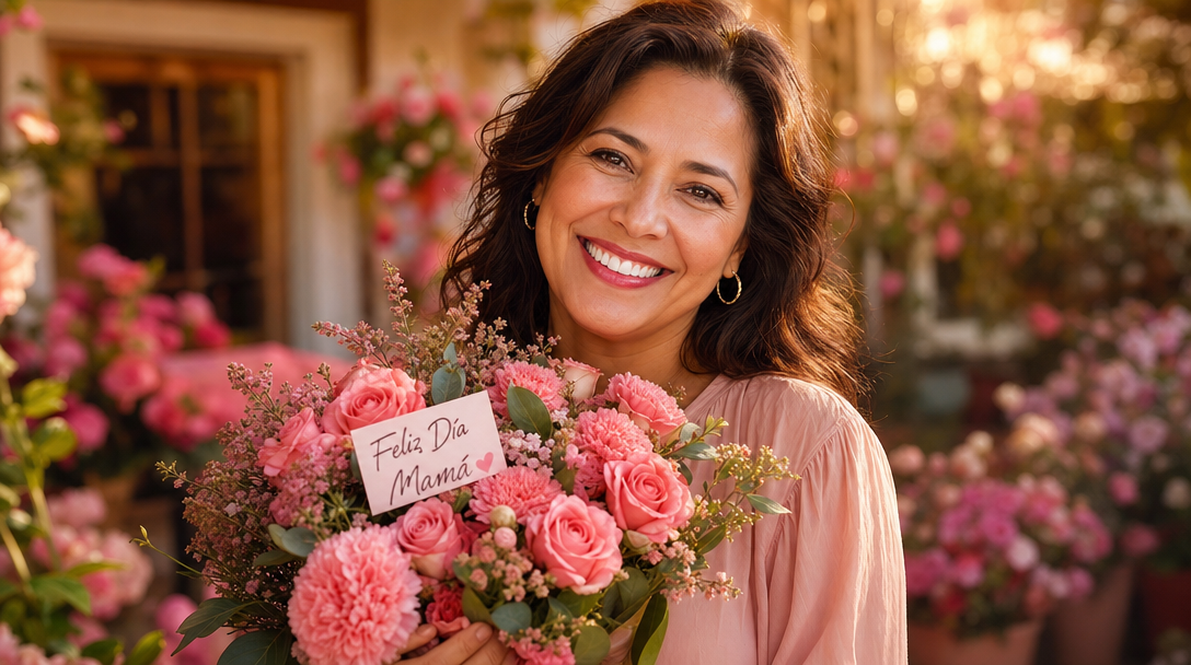 Mamá con bouquet de rosas